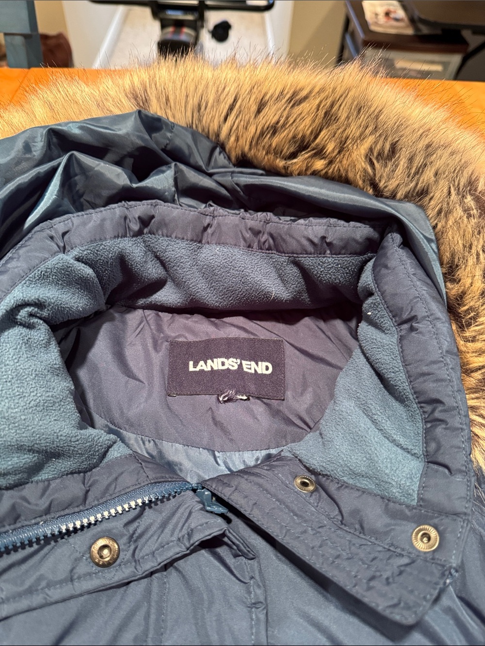 Lands' End women’s Dark TealHooded Puffer Coat with Faux Fur Trim